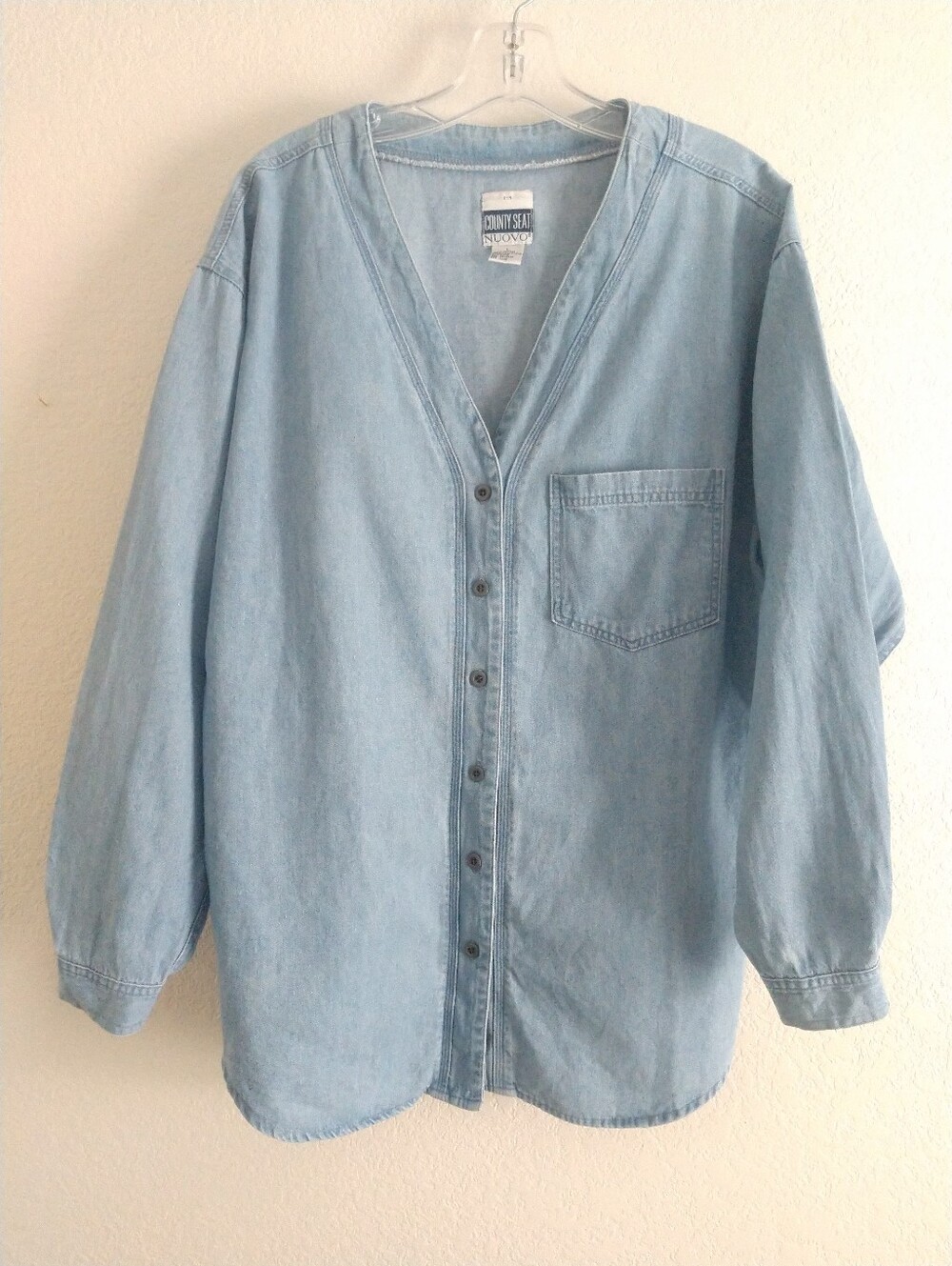 Vintage County Seat Nuovo 90s Women's Denim Shirt V Neck Retro Large Chest 44"